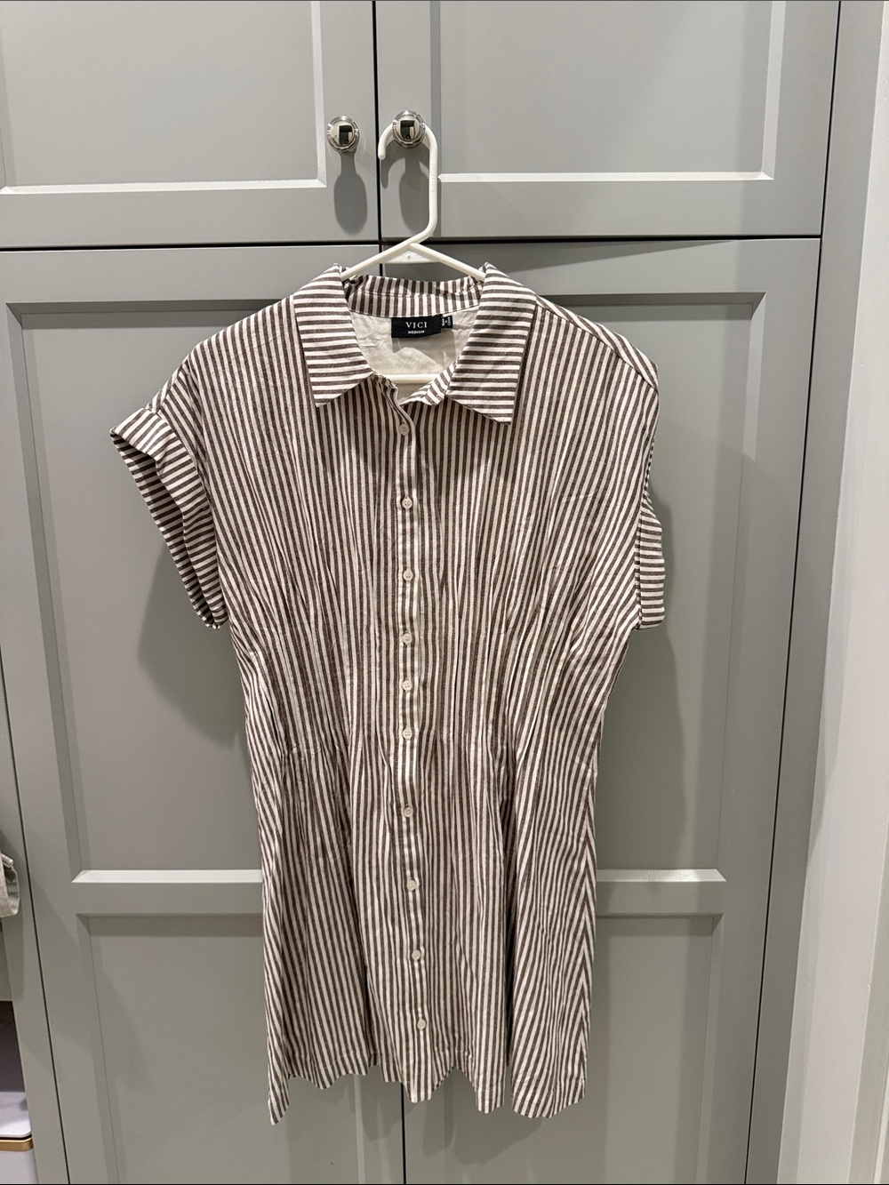 VICI Brown and White Vertical Stripe Midi Shirt Dress